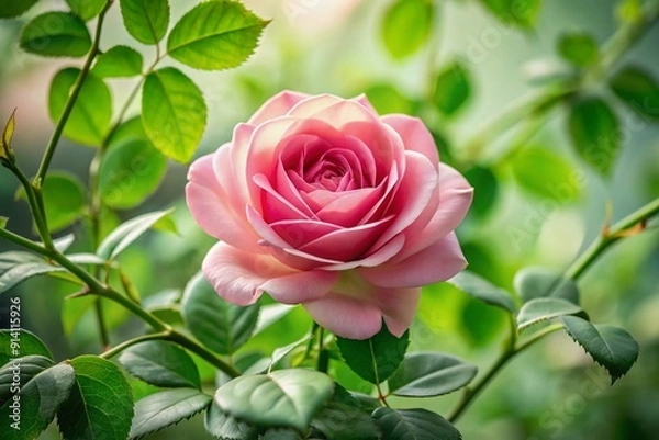 Fototapeta Delicate pink rose blooms surrounded by lush green leaves and stems, beautifully framed within a crisp white background, showcasing nature's elegant simplicity.