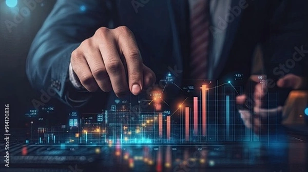 Fototapeta A businessman with a digital growth chart for 2025, focusing on strategic planning and setting business goals.
