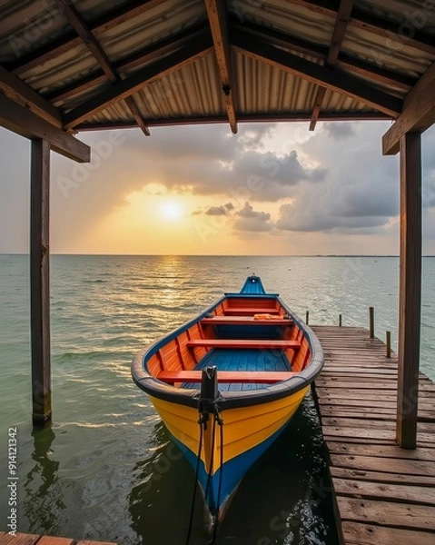 Fototapeta A colorful boat moored at a wooden dock during a tranquil sunset, reflecting the serene beauty of the waterfront.