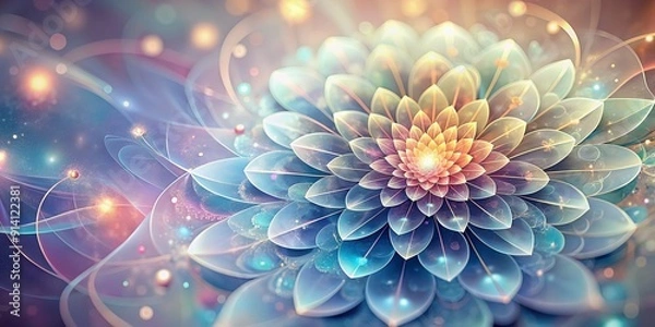 Fototapeta Delicate, abstract flower formed by intricately arranged geometric shapes in soft, pastel hues, evoking a sense of serenity and elegance in a dreamy, ethereal atmosphere.