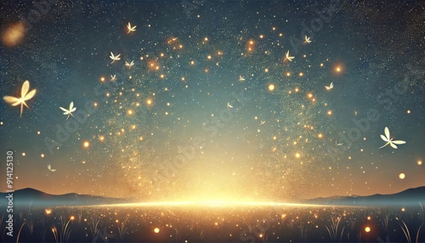 Fototapeta A particle effect wallpaper with glowing fireflies in a summer night sky on a plain background