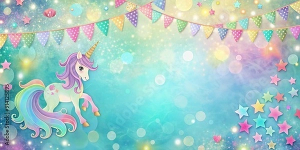 Obraz Vibrant pastel-colored background with glittering pony, mermaid-scale border, confetti, and a magical banner, perfect for a whimsical and festive birthday party invitation.