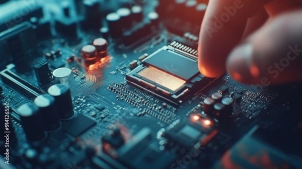 Fototapeta A technician carefully places a CPU into a motherboard socket, illustrating the technical skill involved in electronic repair.