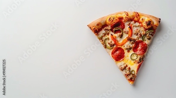 Fototapeta Pepperoni Pizza Slice on White Background


Description:
Slices of pepperoni pizza with melted cheese, green peppers, and sausage on a clean white background. For commercial