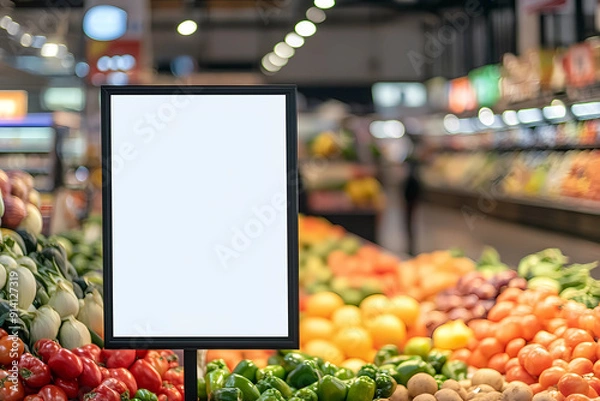 Obraz 
frame with white blank poster on stand in supermarket interior