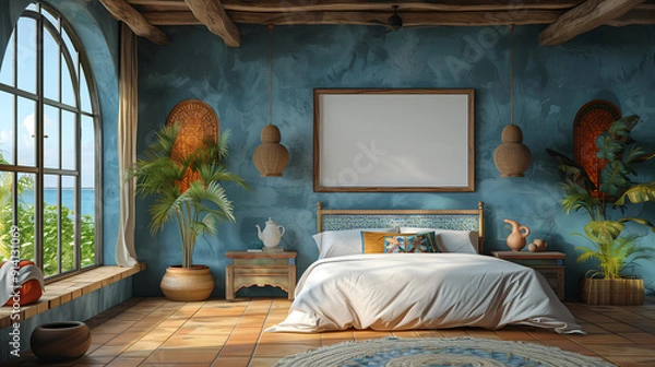 Obraz home painting horizontal mockup, bedroom interior, drawing room wall art mockup, house wall canvas mockup, home interior background design