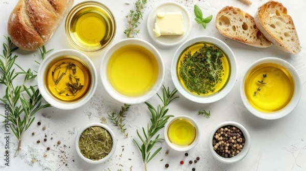 Fototapeta Assorted Oils and Fats with Fresh Herbs and Bread