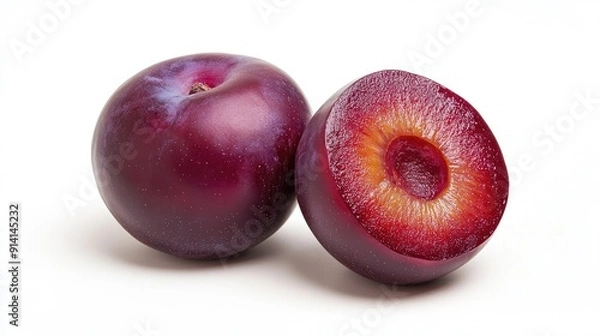Fototapeta A juicy, ripe plum with a deep red-purple color, beautifully displayed on a white background.