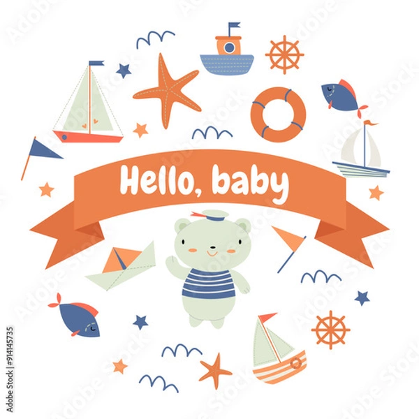 Fototapeta round frame hello baby made of marine-themed elements