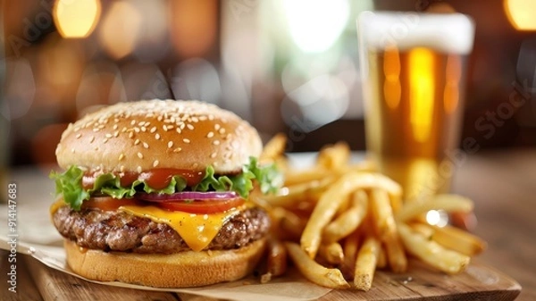 Obraz Delicious burger with cheese, lettuce, and tomato, served with crispy fries and a refreshing beer in a cozy setting.