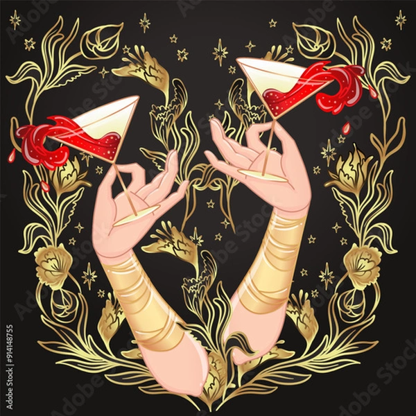 Obraz Two female hands holding cocktail glass with splash. Art deco 1920s style vintage invitation template design for drink list, bar menu, glamour event, cabaret show thematic wedding, jazz party flyer