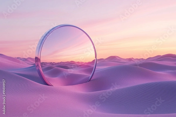 Fototapeta 3d of mirror in the desert,  fantasy landscape in the style of light pink and violet