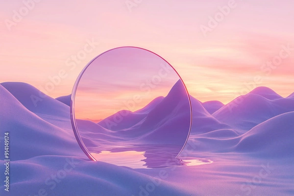Fototapeta 3d of mirror in the desert,  fantasy landscape in the style of light pink and violet