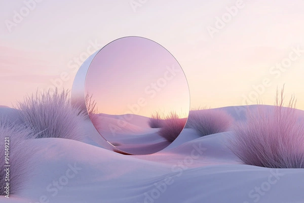 Fototapeta 3d of mirror in the desert,  fantasy landscape in the style of light pink and violet