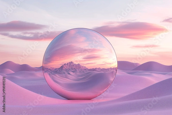 Fototapeta 3d of mirror in the desert,  fantasy landscape in the style of light pink and violet