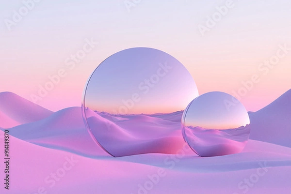 Fototapeta 3d of mirror in the desert,  fantasy landscape in the style of light pink and violet