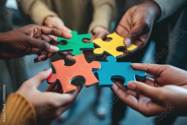 Fototapeta A group of diverse hands holding colorful puzzle pieces that fit together perfectly, symbolizing the idea that each person's unique qualities can contribute to an overall whole or team success