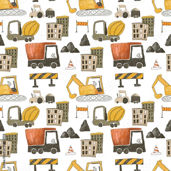 Fototapeta Urban pattern with heavy construction technicians. Simple hand drawn background for boys. Seamless background with cars. Design and Printing, Textiles, Wrapping Paper and Children's Room