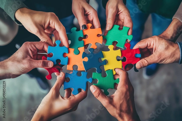 Fototapeta A group of diverse hands holding colorful puzzle pieces that fit together perfectly, symbolizing the idea that each person's unique qualities can contribute to an overall whole or team success