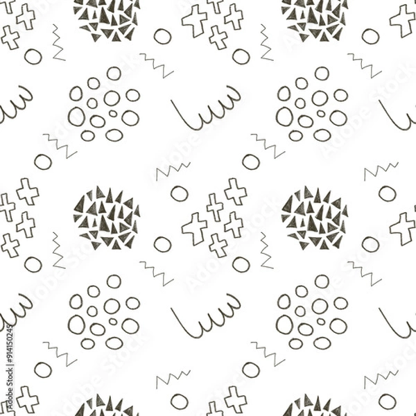 Fototapeta Seamless pattern on a white background. Abstract, laconic, black lines, dots.