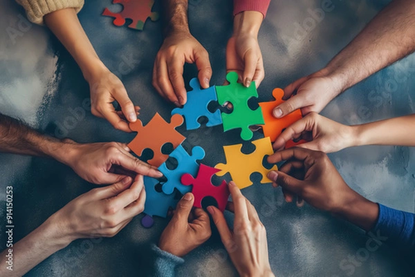 Fototapeta A group of diverse hands holding colorful puzzle pieces that fit together perfectly, symbolizing the idea that each person's unique qualities can contribute to an overall whole or team success