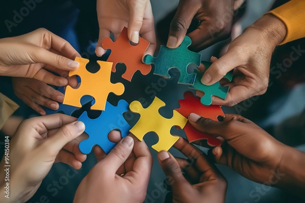 Fototapeta A group of diverse hands holding colorful puzzle pieces that fit together perfectly, symbolizing the idea that each person's unique qualities can contribute to an overall whole or team success