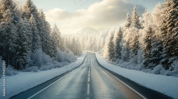 Fototapeta A picturesque road through a snowy forest, with a peaceful, wintery scene and ample space for a message.