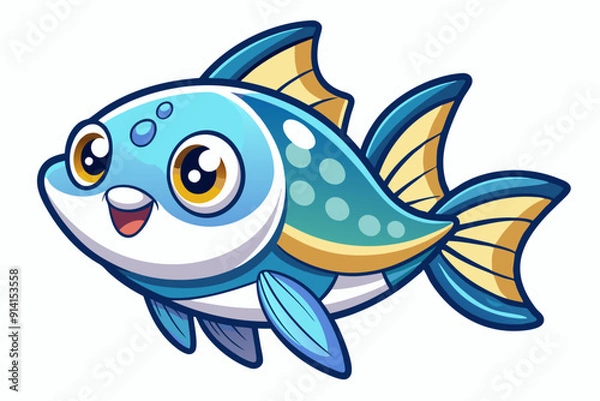 Obraz Cute Cartoon Blue Fish with Yellow Fins and Spots