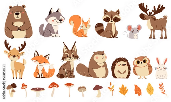 Fototapeta Set of flat vector illustrations. Forest animals, bear mouse hare elk deer hedgehog fox squirrel raccoon beaver lynx owl mushrooms, fall leaves . Vector illustration