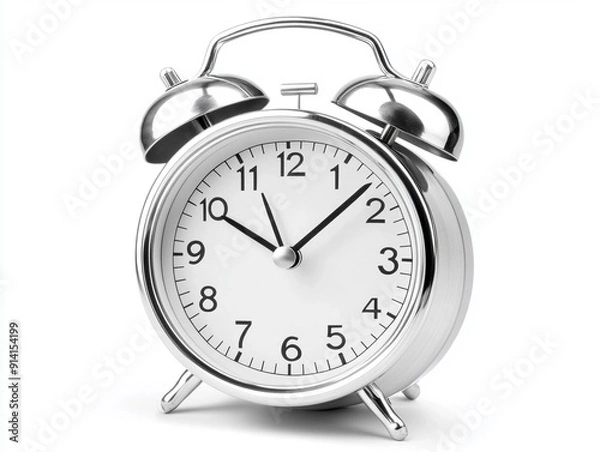 Fototapeta A silver alarm clock on a white background