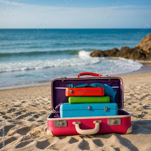 Fototapeta red suitcase on the beach