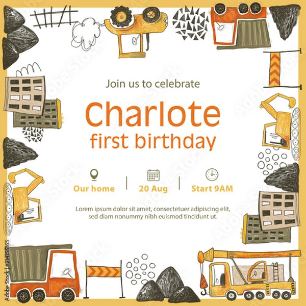Fototapeta Children's frame for a photo, a template for an invitation with a cars