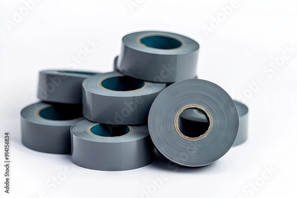 Fototapeta bundle of grey adhesive sticky tapes arranged properly, isolated on white background
