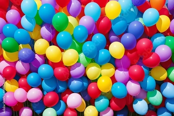 Obraz Multicoloured bright gel balloons on the background of blue sky.