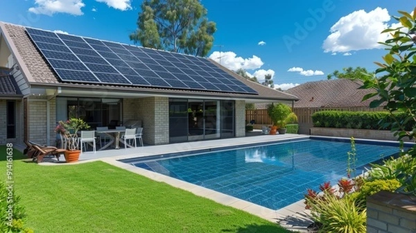 Fototapeta Solar energy arrays in a suburban area, supplying renewable power to homes, Solar Energy Arrays Energy Source, Suburban Green Energy