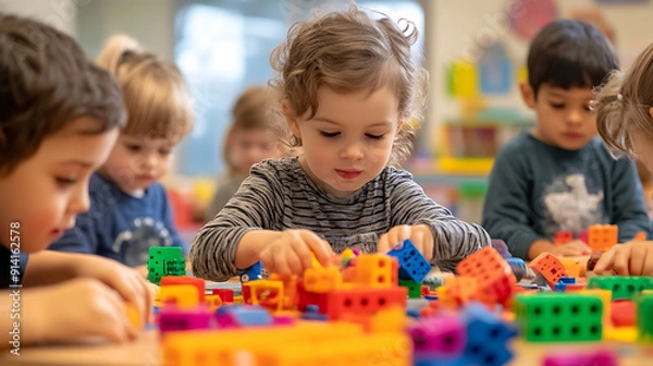 Fototapeta A classroom of young children participating in a hands-on learning activity with educational toys and materials 