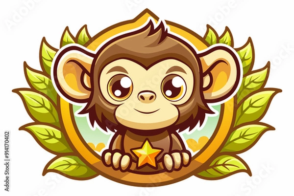 Obraz A Cute Cartoon Monkey Holding a Golden Star in a Leaf Frame