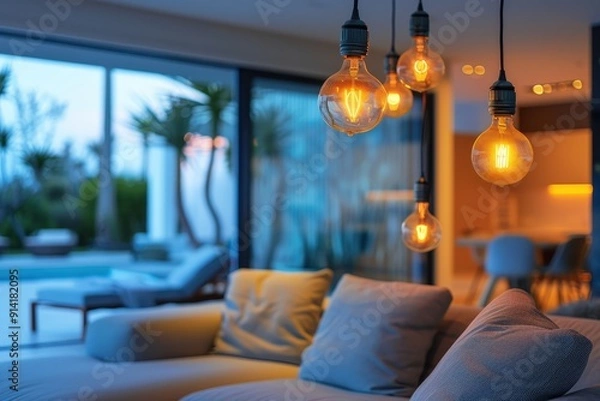 Obraz Warm and inviting living room with stylish light bulbs