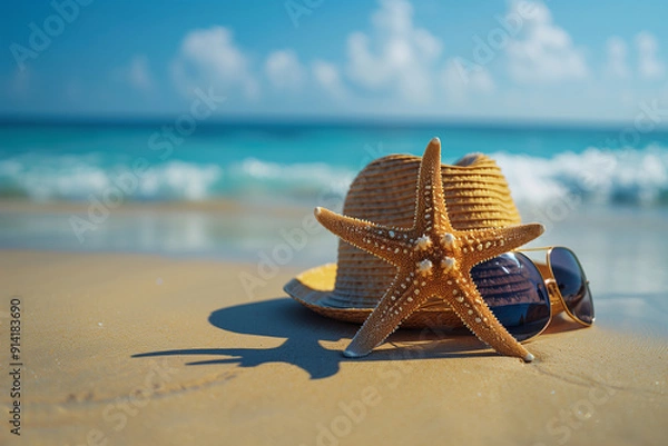 Fototapeta Concept summer beach holiday. Straw hat, sunglasses, starfish on sandy tropical beach against blue ocean on bright sunny day