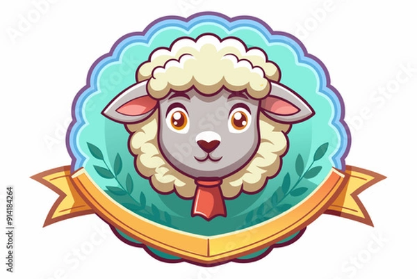 Fototapeta Cartoon Sheep Head with a Red Ribbon and Gold Banner