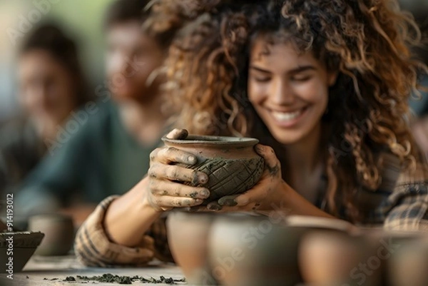 Fototapeta Group reconstructing pottery, collaboration and preservation