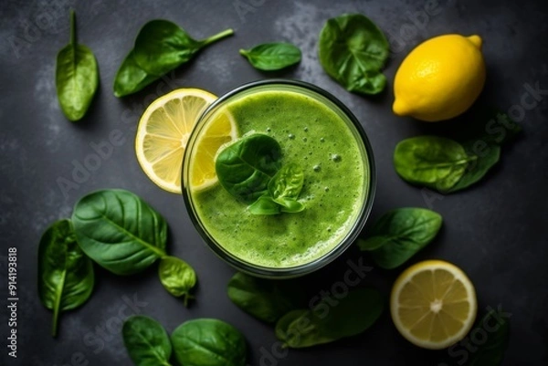 Fototapeta Above view of healthy green smoothie or shake