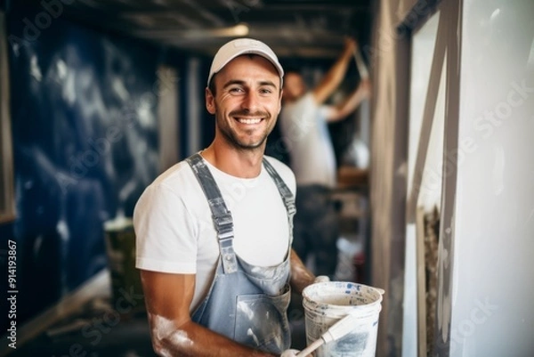 Fototapeta Portrait of a young smiling house painter refurbishing
