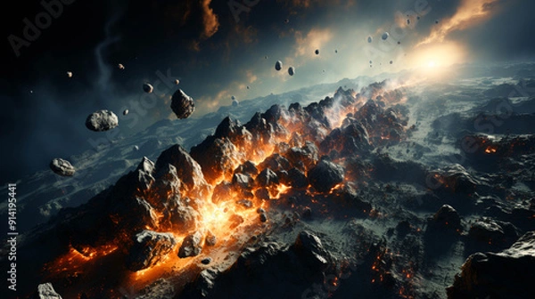 Fototapeta A asteroid cruising near planet earth closeup view