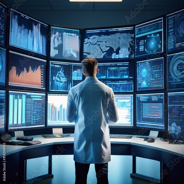 Obraz A data scientist analyzing charts on multiple screens in a tech lab