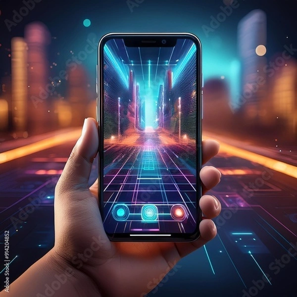 Obraz A hand holding a smartphone with an augmented reality interface visible on the screen