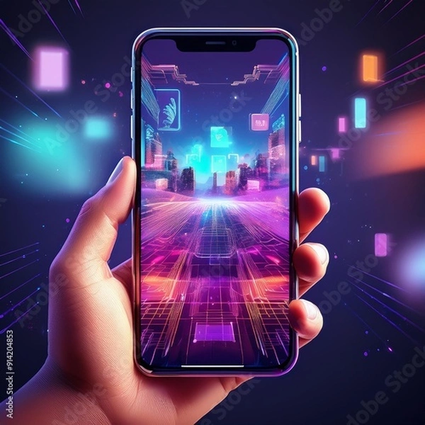 Obraz A hand holding a smartphone with an augmented reality interface visible on the screen