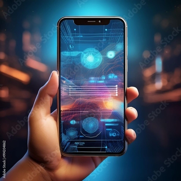Obraz A hand holding a smartphone with an augmented reality interface visible on the screen