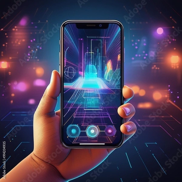 Obraz A hand holding a smartphone with an augmented reality interface visible on the screen