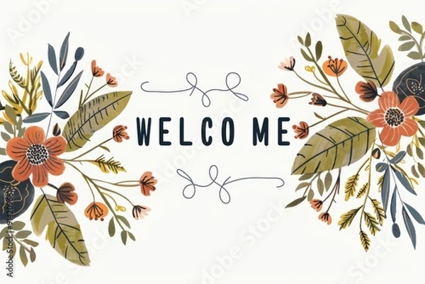 Fototapeta Picture a joyful and inviting image featuring the word 'WELCOME' displayed prominently in elegant uppercase letters on a pure white background. 